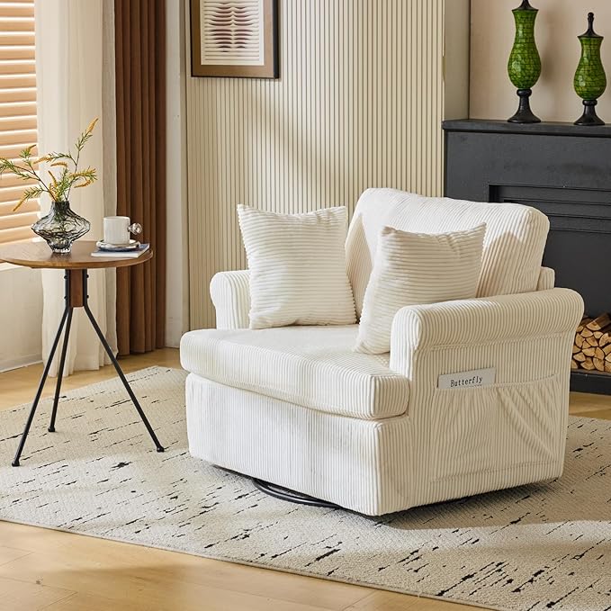 39 Oversized Armchair360°Swivel Accent ChairComfy Upholstered Corduroy Chairs W/2 Pillows and 2 Side PocketsModern Side Reading Seat for Living RoomBedroom and Office (Beige)