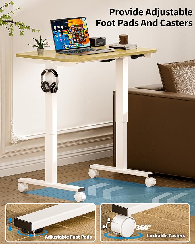 Okin Electric Standing Desk 31.5x19.7 Inches Small Computer Desk-Whole Piece Stand up Desk with Wheels Gaming Rolling Home Office Desks Oak