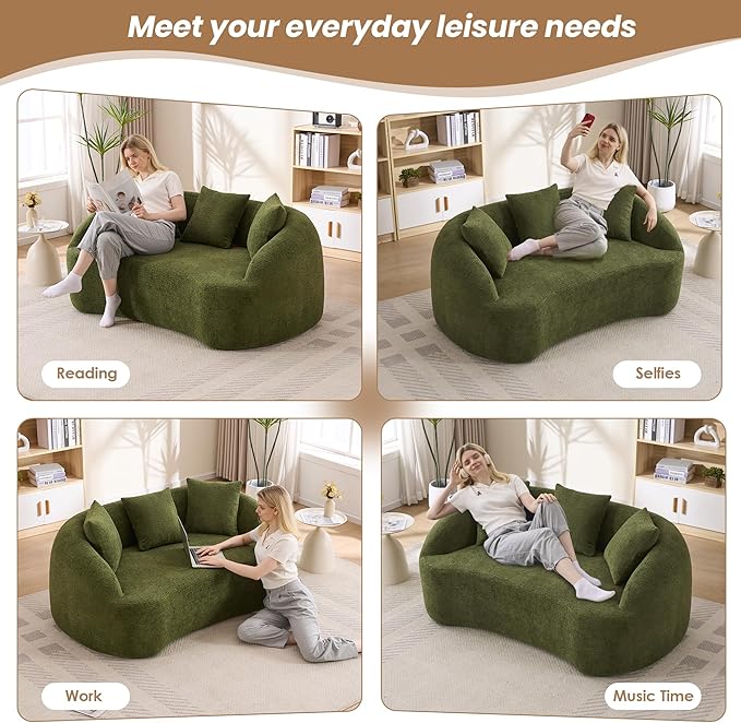 65.75 Curved LoveseatCozy Chenille Small Curved Sofa with 3 BackrestExtra Deep Seat Curved Cloud Floor Couch for BedroomOfficeApartment (Green 65.75 Inch)