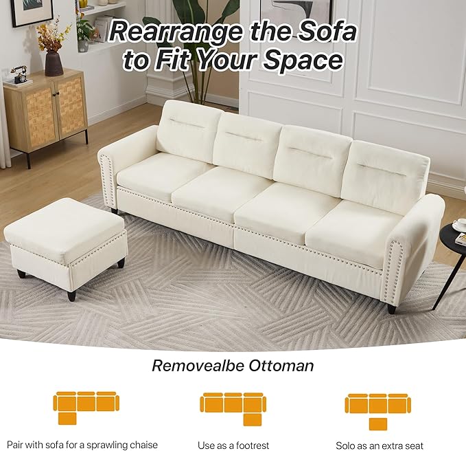 Westice 106 Modular Sectional Sofa with Movable Ottoman Deep-Seat L-Shaped Couch 4-Seater Modern Sofa for Living Room Bedroom or Apartment (Beige)