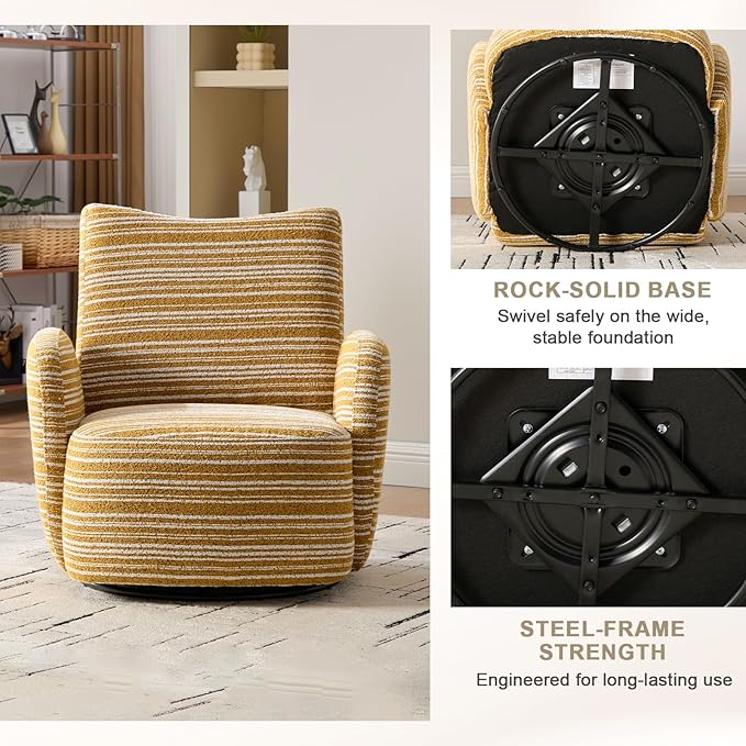 360° Swivel Accent Chair with Armrest Modern Striped Upholstered Lounge Chair Stable Round Base &amp Sturdy Metal Frame Armchair for Bedroom Living Room Office &amp Vanity (Mustard Yellow)