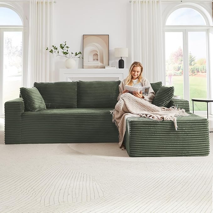 103 Cloud Sectional Couch with Chaise Lounge L Shaped Modular Modern Sofa Comfy Corduroy Fluffy Sofa with Deep Seat No Assembly Required Foam Couch for Living Room(Green Right Facing Chaise)