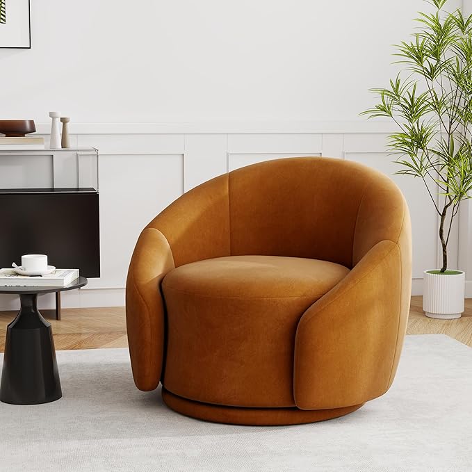 UIXE Swivel Accent Chair Velvet Barrel Chair Upholstered Arm Chair for Living Room Modern Round Club Chair with Turntable Base - Orange Set of 1