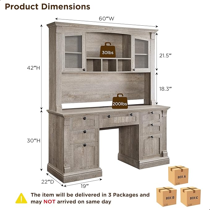 OKD 60 Executive Desk with Hutch and Drawers Farmhouse Home Office Desk with Charging Station Keyboard Tray File Cabinet Storage Wood Computer Desk for Work and Study Light Rustic Oak