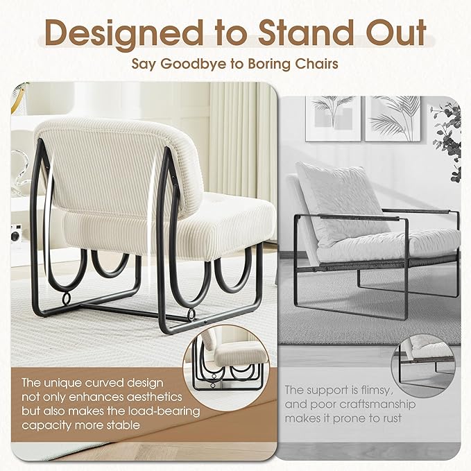 Armless Accent Chair Beige Upholstered Chair for Bedroom Comfy Modern Chair for Living Room Small Space Mid Century Accent Chair No Arm Lounge Chair