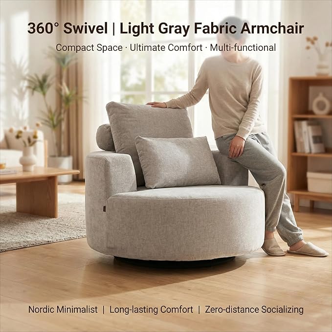 Furnimart 40 Oversized Barrel Accent Chair Set of 2 360° Swivel Round Upholstered Sofa Chenille High-Resilience Sponge No Assembly Wide Seat for Living Room Bedroom Apartment (Gray)
