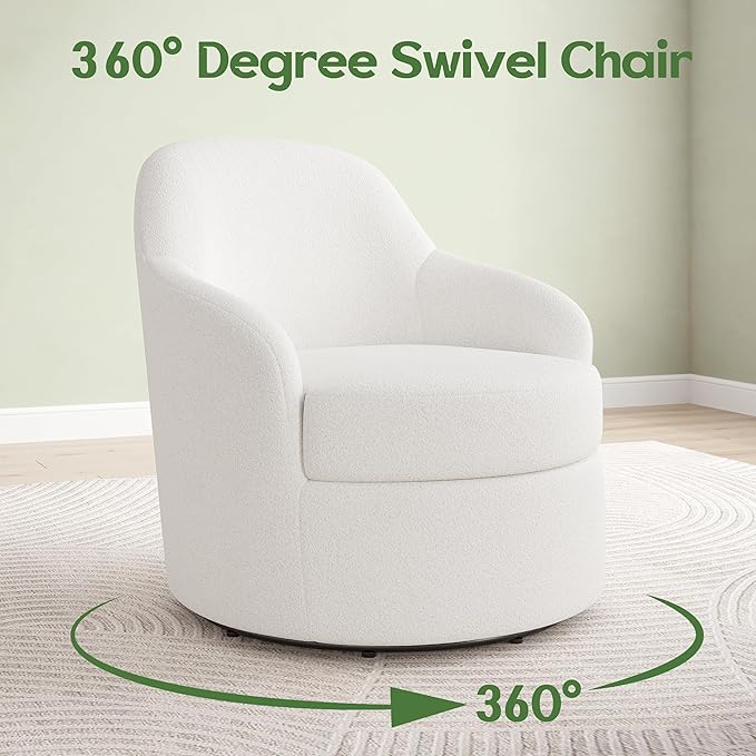 Swivel Accent Chairs Set of 2 Round Barrel Chairs with Washable Detachable Cover Living Room Chairs with Solid Mental Base Upholstered Accent Chairs for Living Room Bedroom Teddy (White)