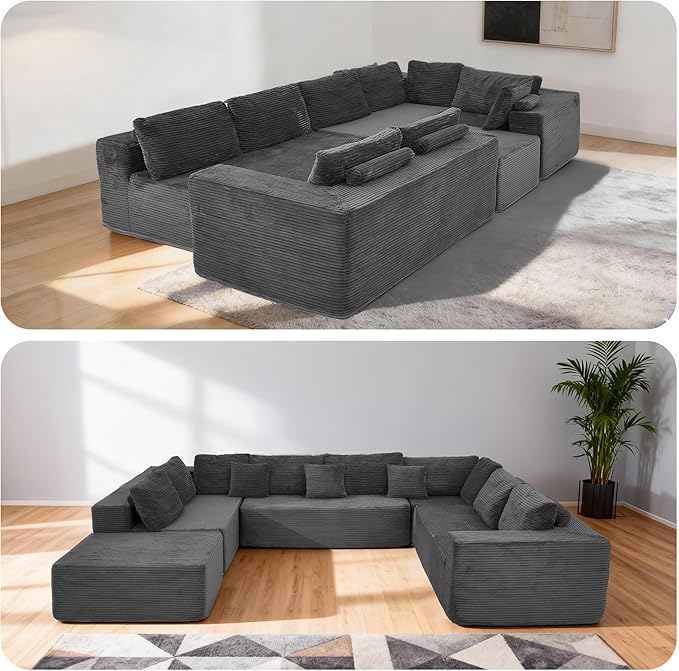 HOMREST 136 U Shaped Sectional Couch for Living Room Cloud Modular Sectional Boneless Sofa with Memory Foam Convertible Couches with Deep Seat No Assembly Required 8 Seats Special Grey