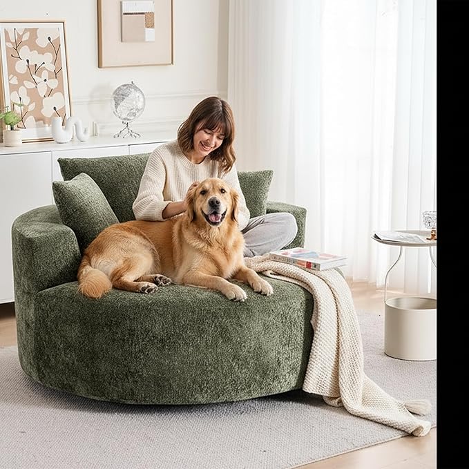 Green 55 Oversized Swivel Accent Chair Round Barrel Chair with 360° Rotation Chenille Upholstered Deep Seat Lounge Sofa Modern Comfy Single Sofa for Living Room Bedroom Office (Green)