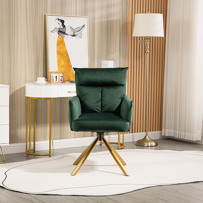 NORDICANA 180° Swivel Velvet Living Room Chair Modern Armchair with Golden Legs Ergonomic Upholstered Dining Accent Chair Single Sofa for Bedroom Reading Home Office Christmas Green