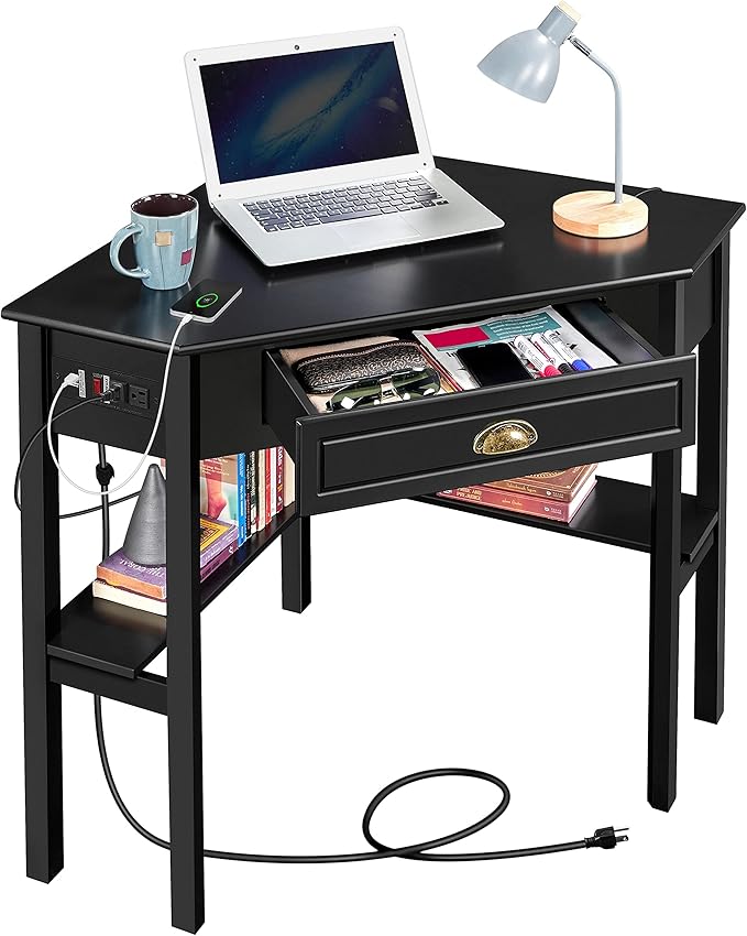 Yaheetech L Shaped Computer Desk Corner Table with Charging Station Outlets for Small Space 90 Degree Triangle Desk Home Office Table with Drawer and Storage Shelf for Workstation Living Room Black