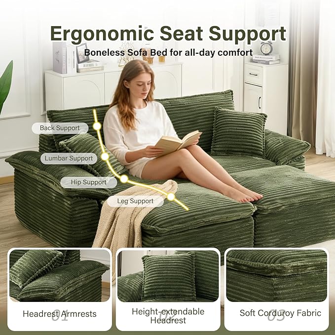 81 Boneless Loveseat with Removable OttomanOversized Upholstered Sofa Bed with PillowsPlush Faux Fur Lounge Reading Chairs with ArmrestsCloud Couches for Living RoomNo Assembly (Green) | No Assem