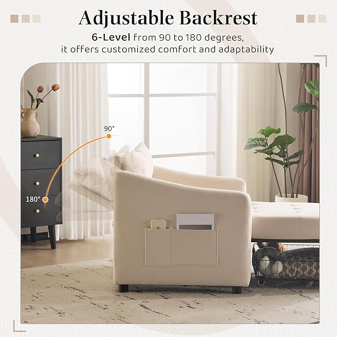 Bezseller Convertible Sofa Bed Chair 3-in-1 Sleeper Chair with Storage Drawer Pull Out Couch with Side Pocket Pillow and Adjustable Backrest for Small Spaces Living Room Beige