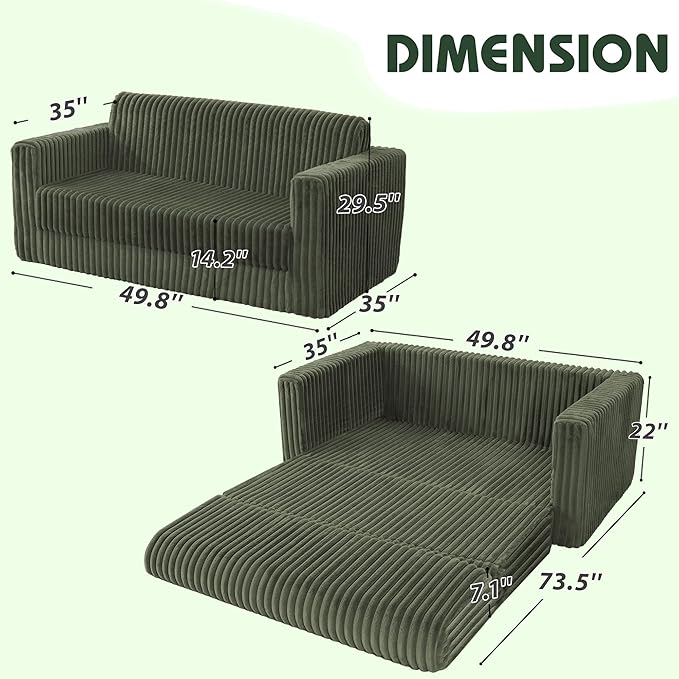 HABUTWAY Folding Sofa Bed 2 in 1 Convertible Sleeper Chair with Armrest Portable Fold Out Chair Bed Comfy Floor Couch Multi-Functional Lazy Sofa for Living Room Bedroom Dorm Home Office Green