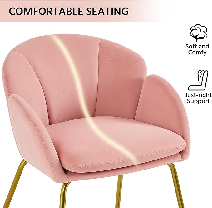 Yaheetech Flower Shape Velvet Vanity Chair Modern Side Armchair Makeup Chair no Wheels with Golden Metal Legs for Living Room/Dressing Room/Bedroom/Home Office/Kitchen Pink