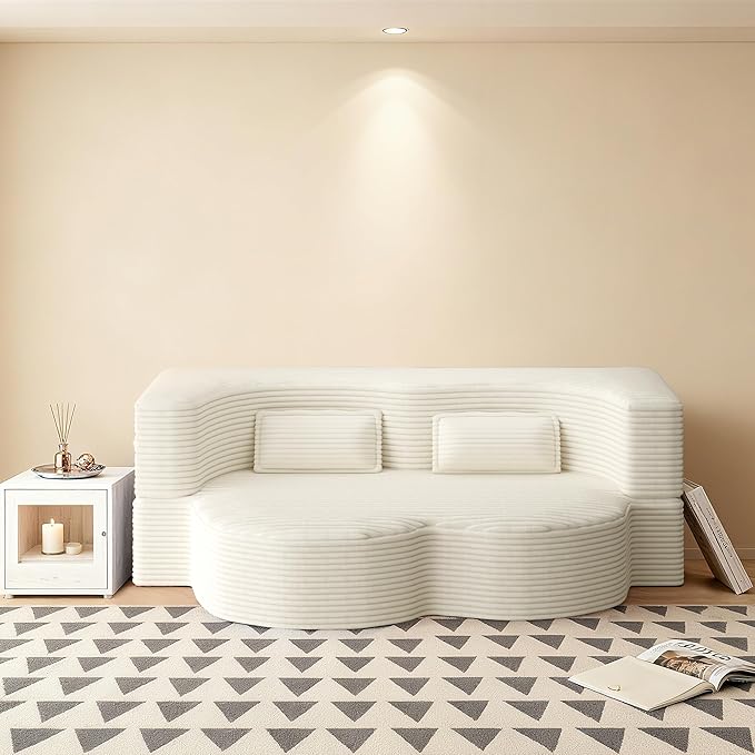 78 Convertible Sofa Bed 2-in-1 Folding Floor Couch with 2 Pillows Sleeper Sofa for Living Room and Bedroom No Assembly Required (Beige Corduroy Fabric)