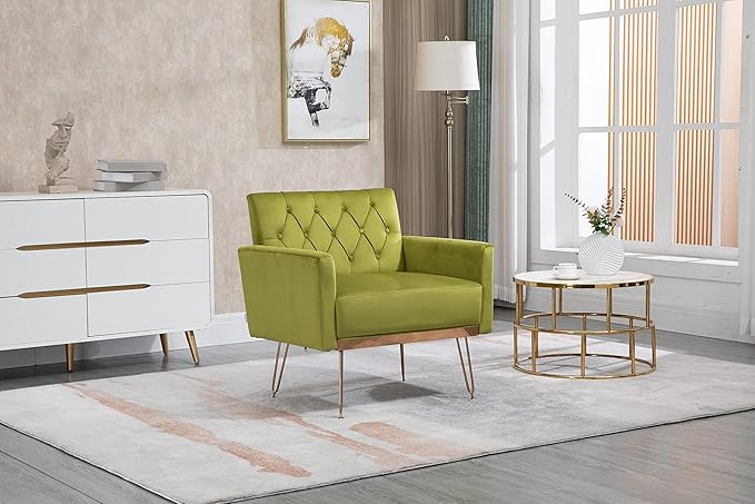 Velvet Accent Chair Upholstered Living Room Accent Armchair Leisure Single Chairs with Rose Golden feet Tufted Sofa Chairs for Home Office Living Room Bedroom Small Space (Olive Green)