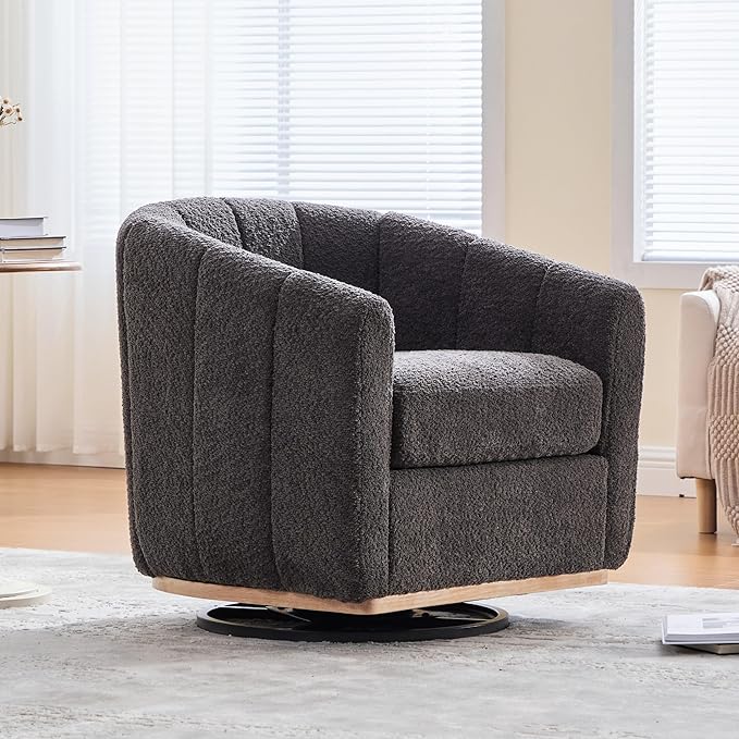 Velvet Swivel Chair Accent Chair 31.9 W Modern Upholstered Pumpkin Barrel Chair Single Sofa Armchair for Living Room Bedroom Gray.