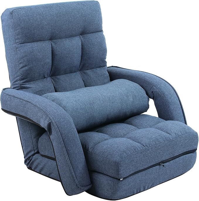 FLOGUOR 42-Position Adjustable Floor Chair Chaise Lounge Indoor Folding Lazy Sofa with Armrests and a Pillow Padded Adults Gaming Chairs for Living Room Bedroom Factory Price 8803XM (Blue)