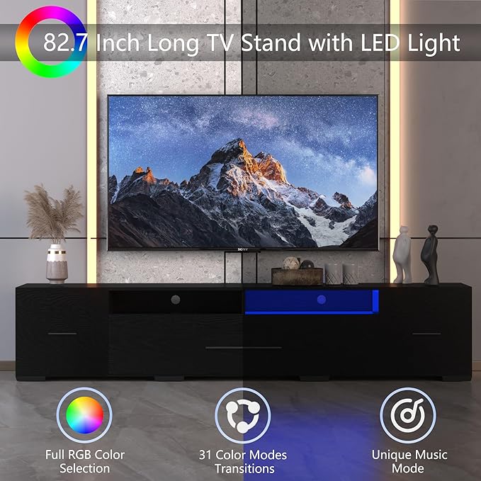LED TV Stand for 55 65 75 85 Inch TV Minimalism Entertainment Center with LED Light Symmetric Assembled TV Console TV Table with Large Storage for 60 70 80 Inch TV for Living Room Black
