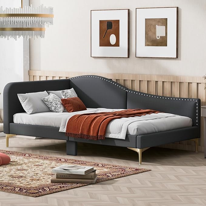 Upholstered Daybed with Headboard and Armrest Linen Fabric Sofa Bed with Sturdy Wood Frame and Support Slats Multi-Functional Bed for Bedroom Living Room and Office (Grey Twin)