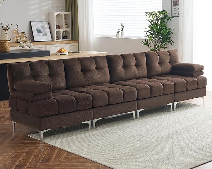 AMERLIFE 124 Inch Modular Sectional Couch 4 Seater Sectional Sofa with Metal Legs Modern Sofa Couch for Living Room Dark Brown