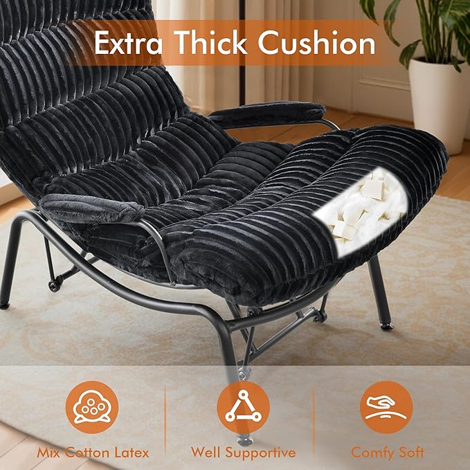 HOOOWOOO MCM Living Room Rocking Accent Chair with Ottoman SetOffice Lazy Lounge Glider Chair and Ottoman SetComfy Chair for Living Room Bedroom Office(Fur Corduroy Black)