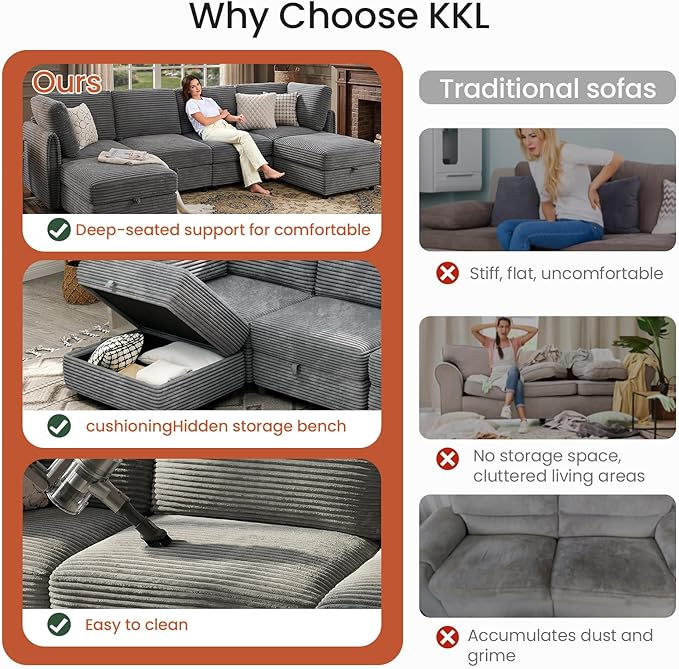 KKL Modular Sectional Sofa Bed with Storage Ottoman Convertible L/U/J-Shaped Sleeper Couch Plush Wide-Wale Corduroy for Living Room Apartment Modern Design Gray