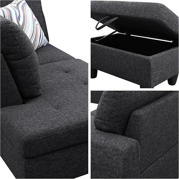 L-Shaped Sectional Sofa with Movable Chaise &amp Storage Ottoman Lounge 3-Piece Modular Convertible Couches for Living Room Apartment &amp Office Black Grey