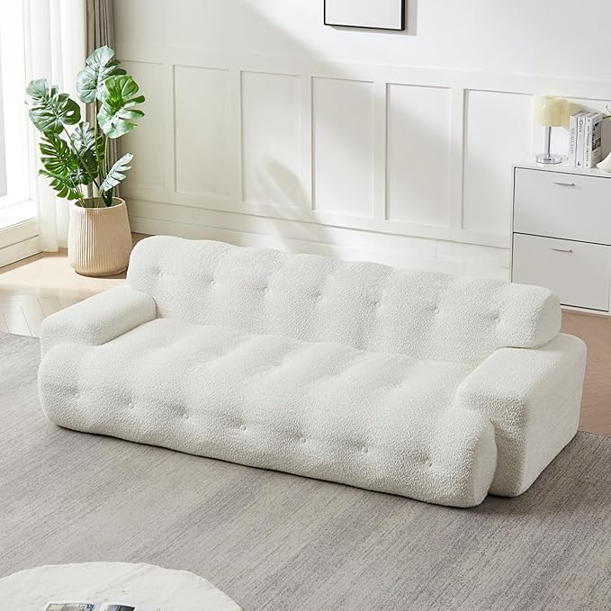 KEIKI 87.4 Cloud Couch Oversized 3 Seat Sofa with Button-Tufted Square Arm Deep Seat Chenille Seat for Living Room Guest Bedroom No Assembly Required White
