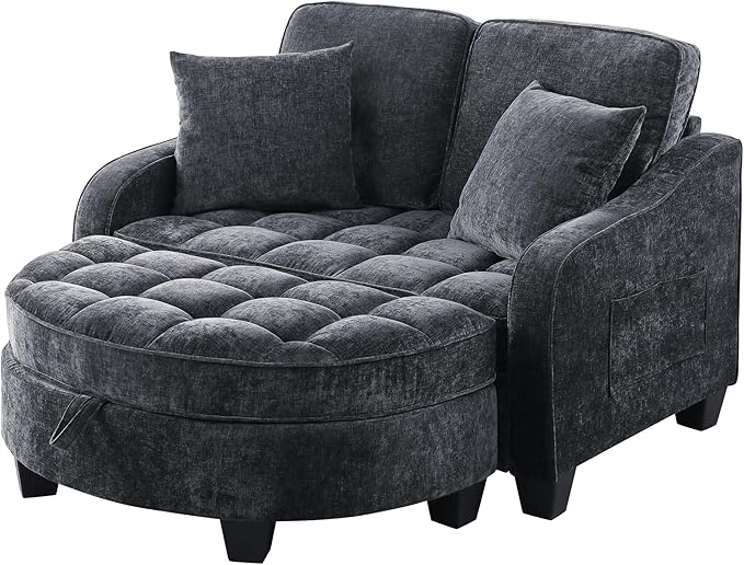 DEINPPA Oversized Accent Sofa Chair with Storage Ottoman Chenille Upholstered Comfy Chair with Throw Pillows for Living Room Reading Room Bedroom-Black