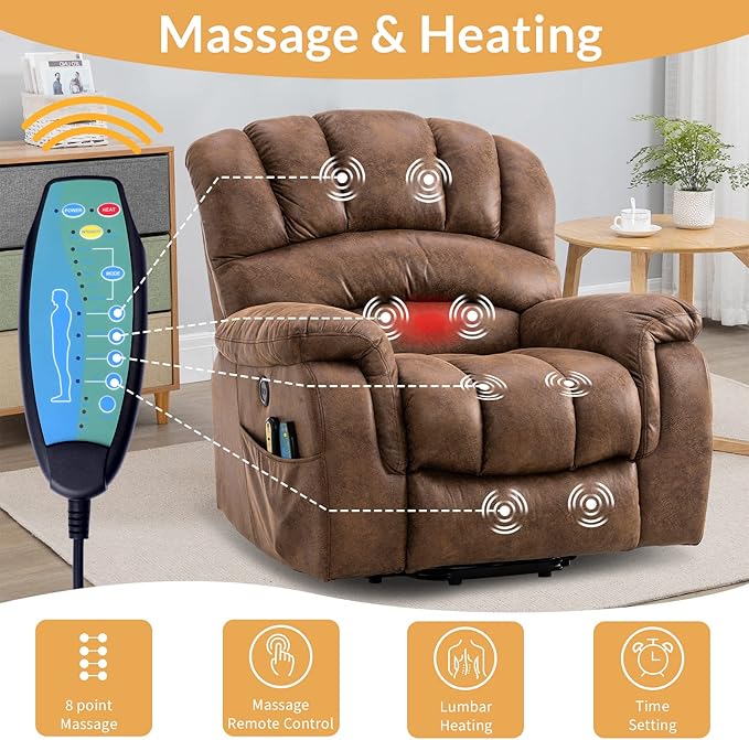 Large Electric Power Lift Chairs Recliners for Elderly Big Man with Massage and Heat Oversized Wide Reclining Chairs for Living Room with 2 Remote Controls/USB Ports/Side Pockets(Brown)