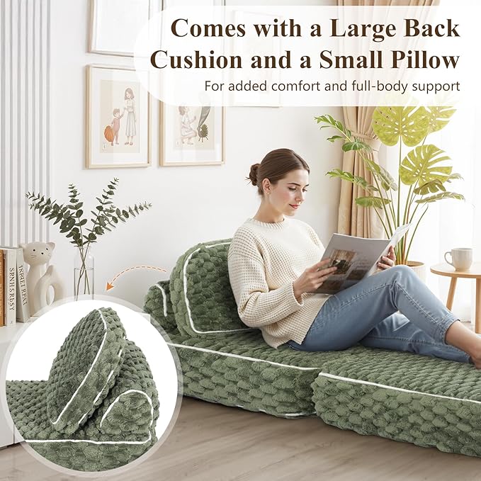 COLAMY Folding Sofa Bed 3-in-1 Convertible Sleeper Chairs with PillowBack Support Fuzzy Fabric Floor Couch Bed for Adults Boneless Couches Living Room Bedroom Apartment Green
