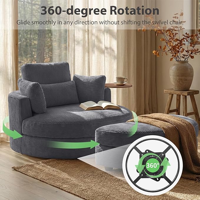 Yoglad 51” Swivel Barrel Chair with Storage Ottoman Corduroy Upholstered Accent Chair and A Half with Tray Table Oversized Chaise Lounge Round Sofa Chair for Living Room Bedroom(Grey)