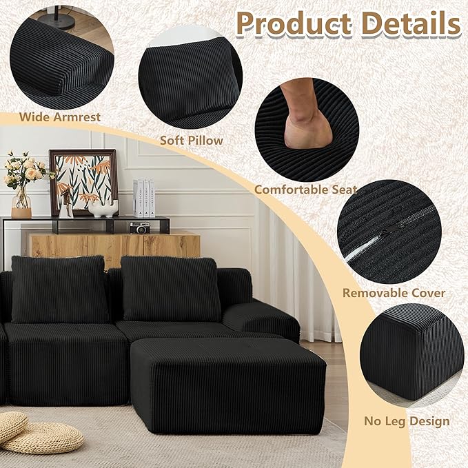 KIGOTY Modular Sectional Sofa Set 5 PCS Comfy Cloud Sectional Couch with Deep Seat Sleeper Sofa Bed with Ottoman Modern Boneless Couch for Living Room No Assembly RequiredBlack