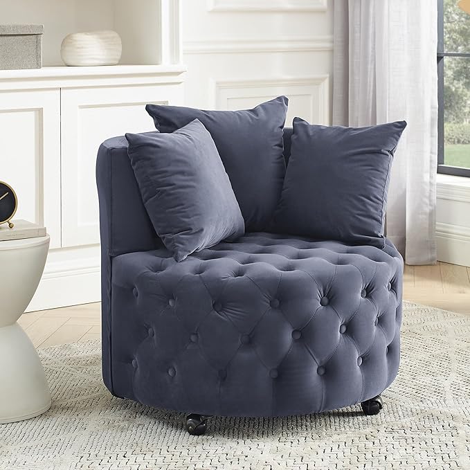 GNIXUU Swivel Barrel Accent Chair 30” Modern Velvet Round Sofa Chair with 3 Pillows and Wheels Comfy Tufted Club Lounge Chair for Living Room Bedroom(Blue Gray).