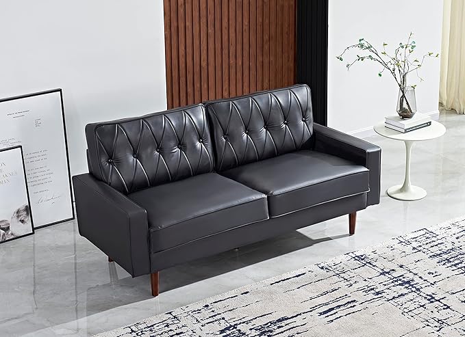 Container Furniture Modern Style Faux Leather Sofa with Elegant Round Tapered Legs and Button Tufted Backrest Perfect for Living Room Bedroom or Home Office 69.3’’ Wide Black