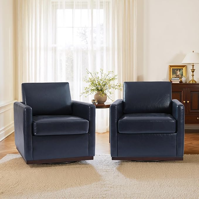 Faux Leather Swivel Accent Chairs Set of 2 360° Swivel Upholstered Club Armchairs for Living Room 31 Wide Square Single Sofa Reading Chair with Deep Seat Metal Swivel Base Navy