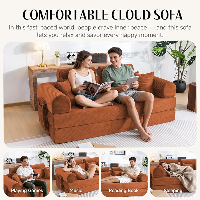 Upgrade Sofa Bed Convertible Mattress Couch for Small Spaces with High Backrest Design Fixed-Shape Frame &amp Removable Armrests and Backrest 2 Corduroy Pillow No Assembly Orange