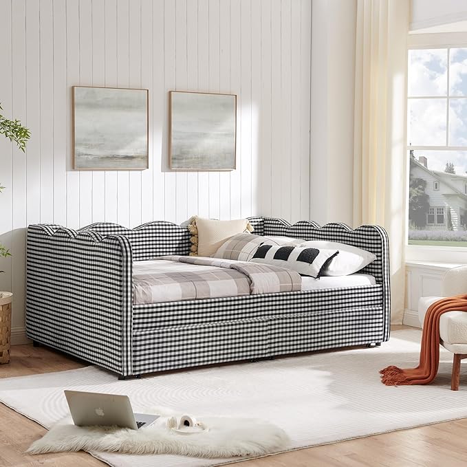 Cozy Gingham Daybed with Trundle Twin Size Sofa Bed No Box Spring Needed with USB Port and Adorable Wave Shaped Linen Fabric Navy (Black+Full+2 Drawers)