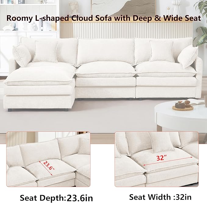102 L-Shaped Sofa for Living RoomModular Sectional Cloud Sofa Couch with OttomanModern Chenille 3 Seater Sofas with Deep SeatSmall L Shaped Couches for Bedroom (Beige 102)
