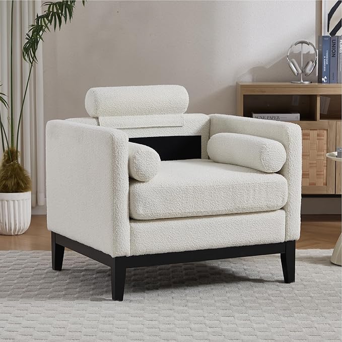 Mlmh &amp Kngwa 35.43 W Modern Accent Chair for Bedroom Upholstered Accent Chairs Single Sofa Chair with Wood Black Finish Legs Comfy Armchair for Living Room Office Ivory
