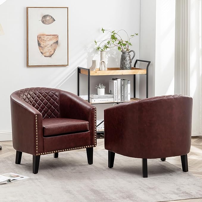 KINWELL 29 W Faux Leather Barrel Chairs Set of 2 Modern PU Upholstered Tufted Club Chairs with Nailhead Trim Small Armchairs Accent Chairs for Living Room Bedroom Apartment Lounge Nursery Red