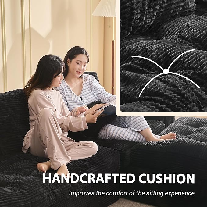 Modular Sectional Sofa 102” L-Shaped Corduroy Couch with Ottoman Deep Seat Comfy Sectional for Living Room Set of Soft Upholstered Cloud Couch for Apartment Black