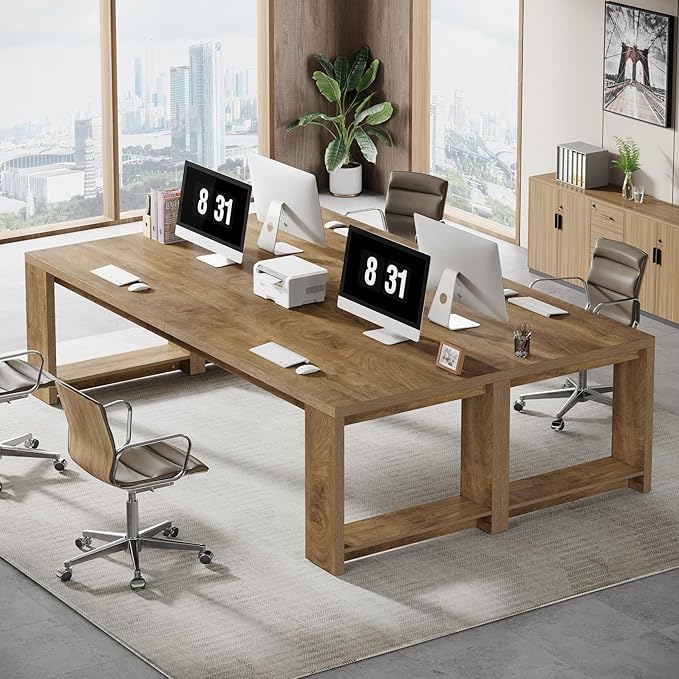 Tribesigns Two Person Desk 86.6 Inches Extra Long Desk Double Computer Writing Table Wood Large Desks Workstation for Home Office Natural Wood