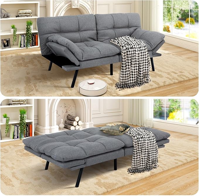 MUUEGM Futon Sofa Bed Modern Memory Foam Futon Couch Sleeper SofaLove seat Convertible Sofa with Adjustable Armrest Backrest for Compact Living Spaces71'' x33''x31.5''Linen FabricGrey
