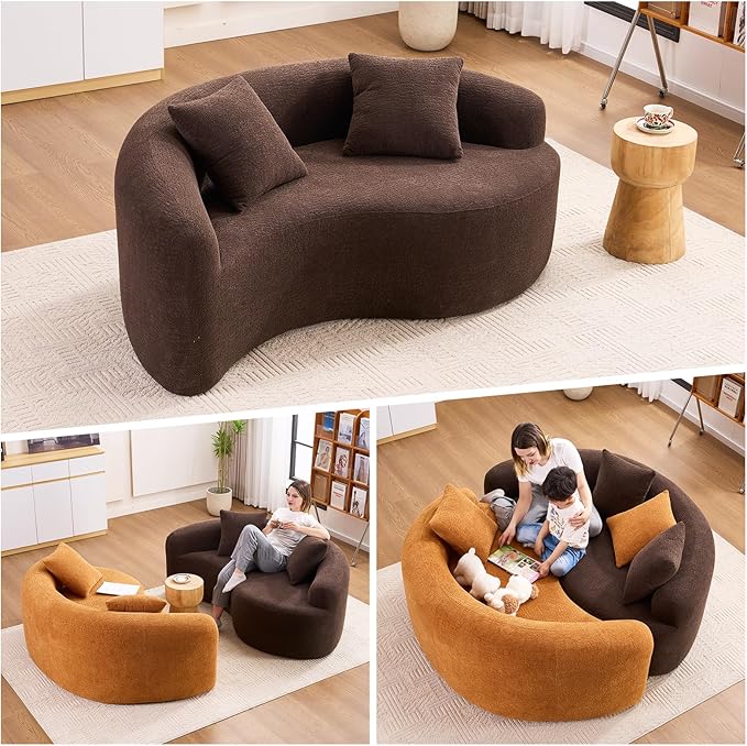 Tai Chi Symbol Loveseat Sofa Curved Yin-Yang Design Dual-Depth Meditation Couch 66.9 Chenille Modular for Small Spaces 300 lbs Capacity (Brown)