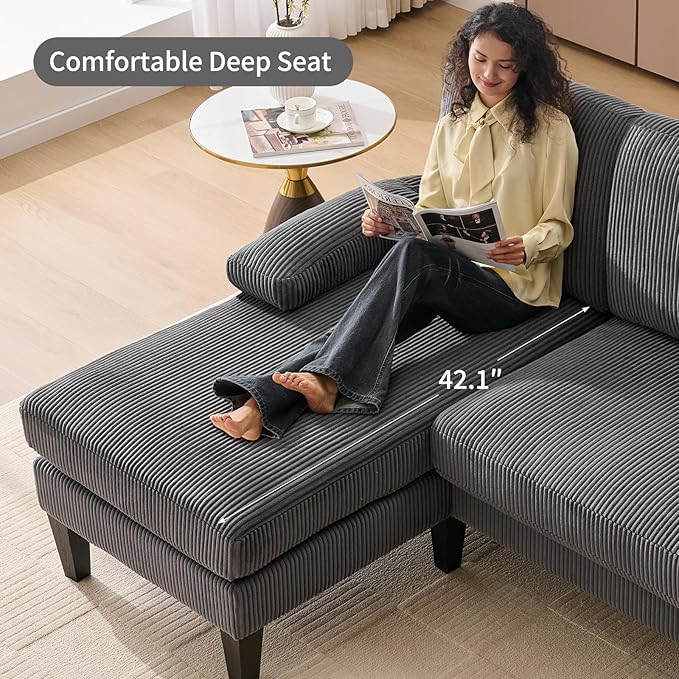 98 U Shaped Couch with 18 Seat Height Sectional Couches for Living Room 4 Seater Couch Set with Double Chaise for Apartment Living Room Sofas Corduroy Grey