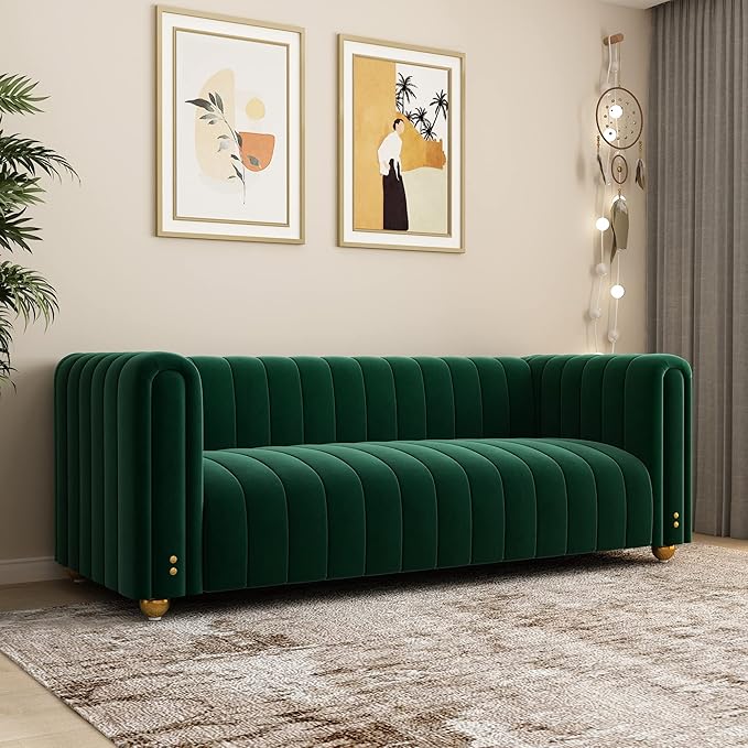Green Velvet Couch Sofa Loveseat 81.3 Wide Mid Century Modern Couch Small Spaces Love Seat Tufted Chesterfield Velvet Sofa Futon with Gold Leg Comfy 3 Seat Extra Deep Sofas Couches for Living Room