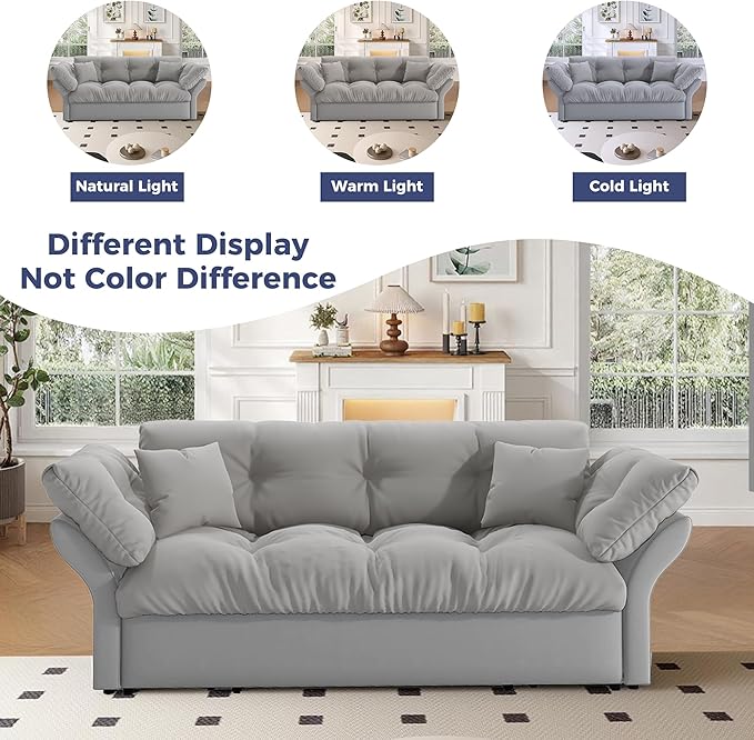 74.8 Queen Size Sleeper Sofa with Pull Out Bed 3-in-1 Convertible Loveseat Sofa with 2 Pillows Portable Pull Out Chaise for Living Room Apartment Small Spaces Grey